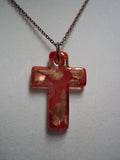 Red lampwork, glass, gold foiled, cross pendant necklace.