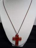 Red lampwork, glass, gold foiled, cross pendant necklace.