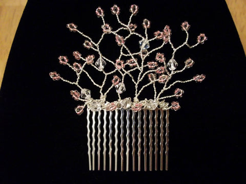 Silver plate hair comb with pink flower sprigs - Seahawk Jewellery & Whatnot
