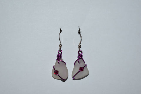 White sea glass earrings with Swarovski crystals